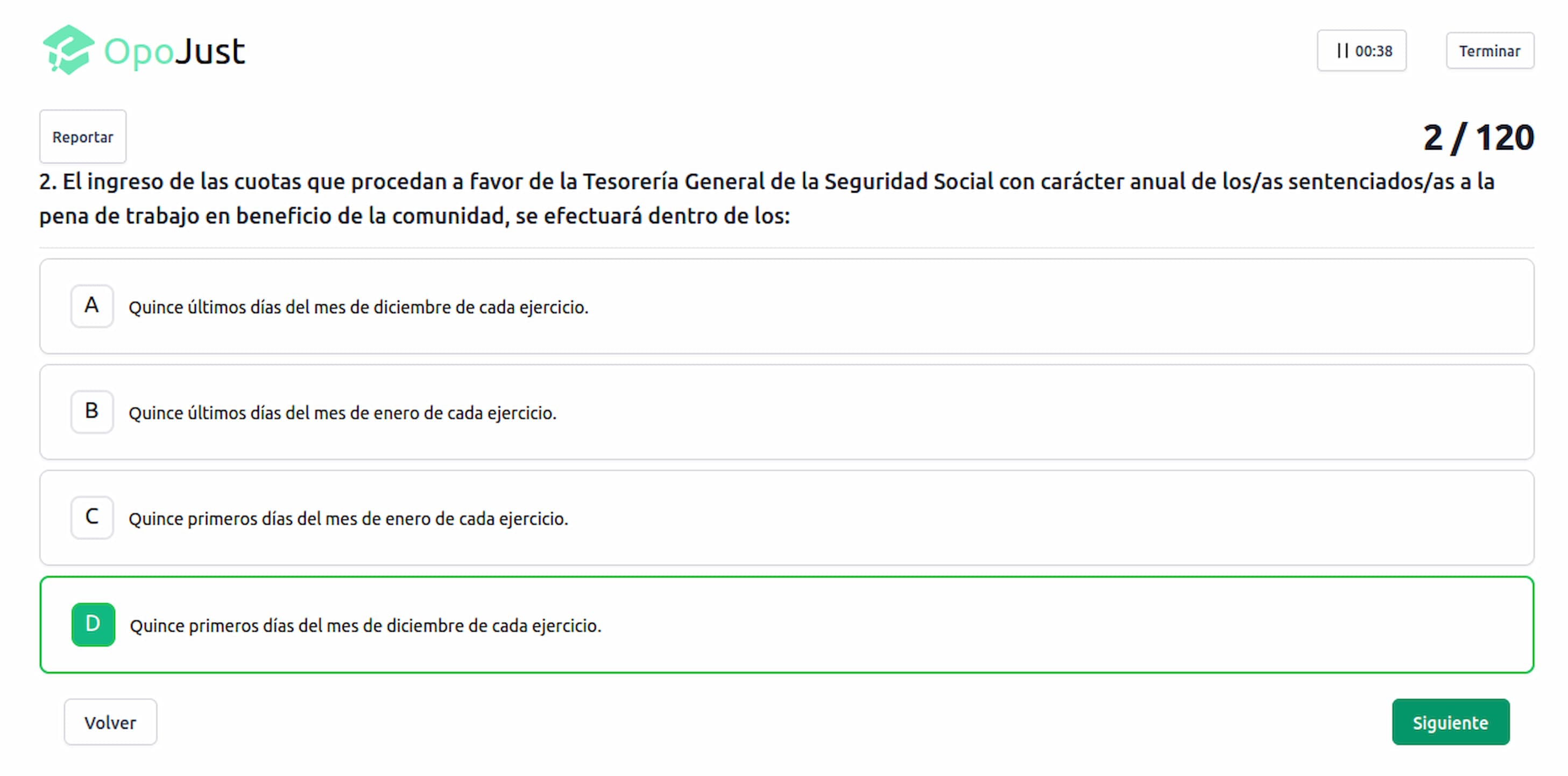 Aplicación de OpoJust con una pregunta de un test de una oposición con botones para contestar y pausar el test